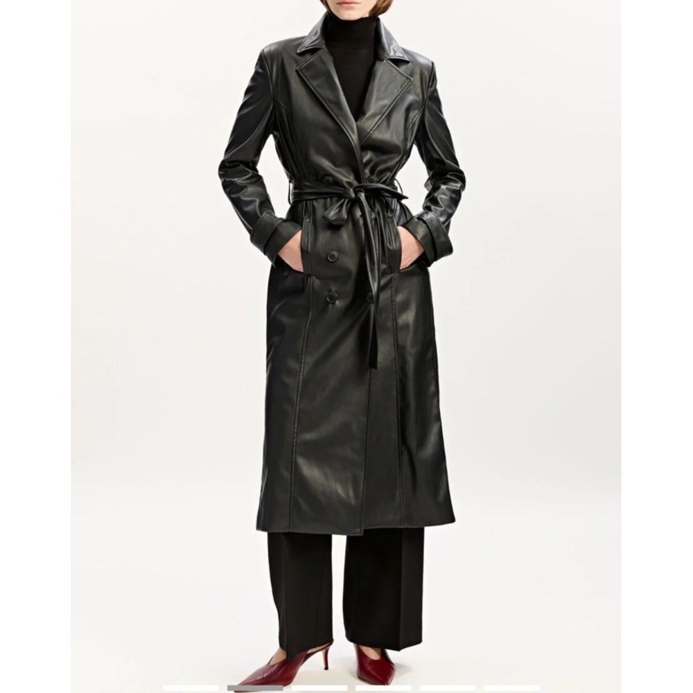 Bardot Faux Leather Belted Trench Coat Black S
